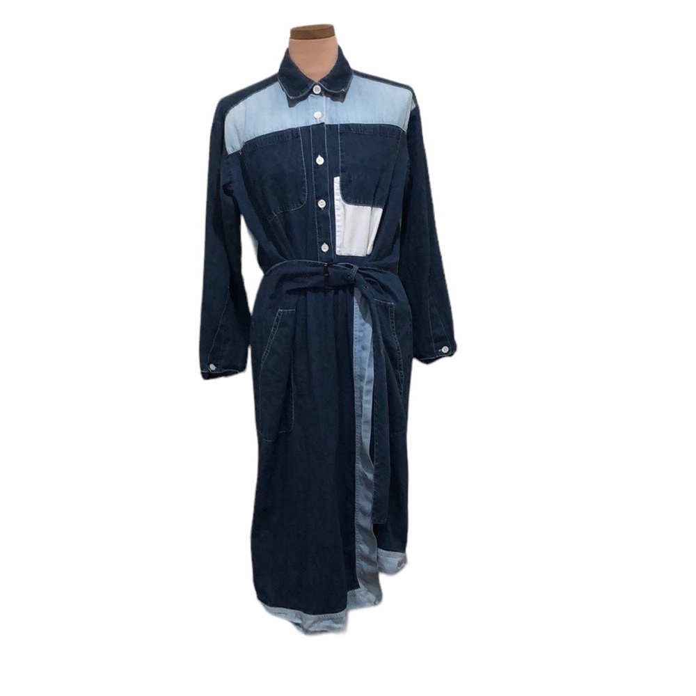 Colovos Midi Shirtdress Shirt Dress Size 10 Blue Patchwork Denim Chambray